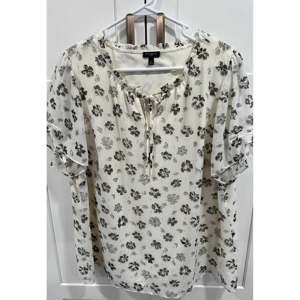 Talbots Floral Blouse Ruffle Neck‎ Sheer Sleeve Top Plus Size 1X